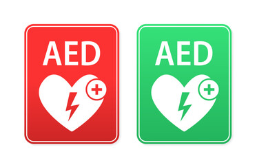 Emergency first aid defibrillator sign. White heart icon and white cross icon. AED AID CPR. Red, Green automated external defibrillator sign for apps or websites. Vector illustration