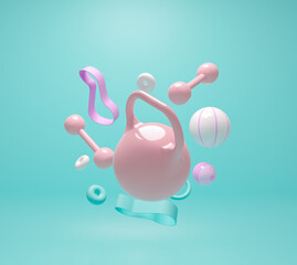 Sports equipment set for gym. 3d render illustration. Dumbbells, kettlebell, ball, elastic band for strength and endurance training. Advertisement for online training, gym, home exercise for health
