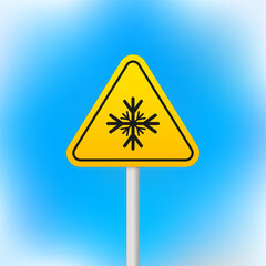 Carefully cold. Warning sign safety. A pillar with a sign. Isolated objects. Road sign with snowflake on the background of the blue sky frost is snowing. Vector illustration