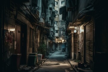 Naklejka na ściany i meble A cityscape of dark alleys and shady characters. Generative AI