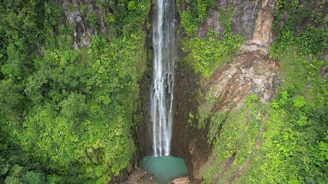Waterfall in Guadeloupe in Caribbean sky view