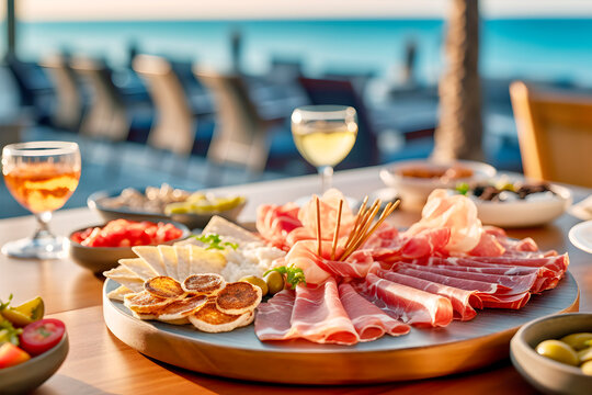 Plato de alimentos en mesa de restaurante de lujo con vistas al mar.Desayuno saludable de verano.Concepto de almuerzo mediterráneo en hotel de costa