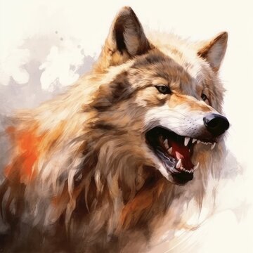 Watercolor painting of a wolf with open mout