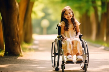 AI generated portrait of candid authentic joyful happy disabled child girl in wheelchair outdoor