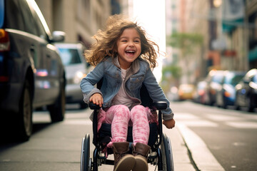 AI generated portrait of candid authentic joyful happy disabled child girl wheelchair outdoor spring