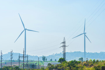 Wind turbines on hill in the khao kho park, Thailand. Clean energy, eco power energy, Green energy.