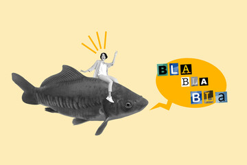 Photo collage minimal artwork of excited funky lady riding fish telling bla bla isolated beige...