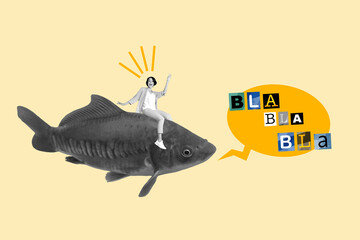 Photo collage minimal artwork of excited funky lady riding fish telling bla bla isolated beige color background