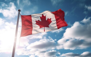Canadian Flag Soaring in the Blue Sky. AI