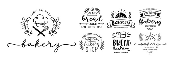 Bakery. Vector vintage logo set. Design typography, logo, badge, label, icon. Hand drawn horizontal calligraphy text. Typography bakery logo. Signboard icon bakery. Black and white illustration.