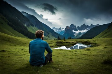Naklejka premium Image of a man staring out at a beautiful landscape of mountains and water. (AI-generated fictional illustration)