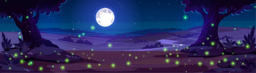 Gardinen Night forest with firefly cartoon vector landscape background. Full moon and tree dark countryside scene illustration. Spooky fantasy glowworm scenery at nighttime. Mysterious valley environment © klyaksun