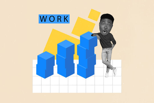 Template graphics collage image of impressed guy watching work development growth isolated beige color background