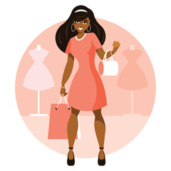 Woman with shopping bag and handbag. Young African American woman shopping. Beautiful black girl in summer dress, holding a shopping bag. Vector graphics