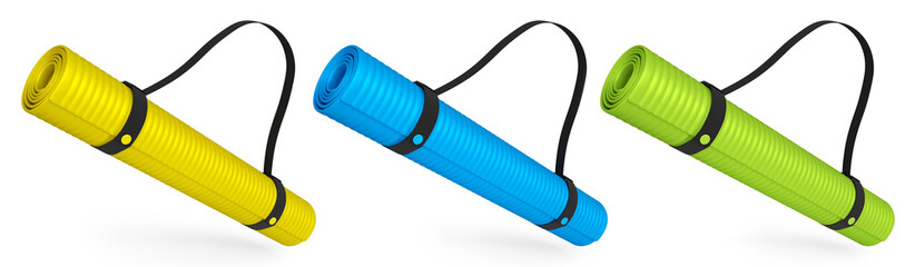 Set of yoga mats or lightweight foam camping bed roll pad isolated on white.