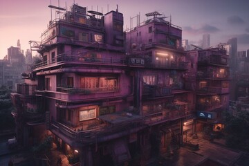 A dystopian metropolis in shades of purple and pink. Generative AI