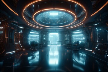 Sci-fi 3D illustration of innovative future, featuring circular sci-tech patterns and bright room lights. Generative AI