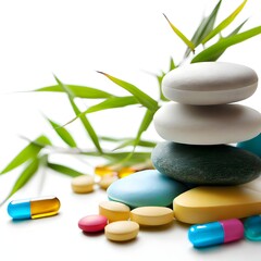 Fototapeta na wymiar Zen stones and bamboo leaves surrounded by colorful medicine pill