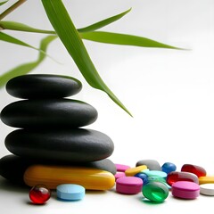 Fototapeta na wymiar Zen stones and bamboo leaves surrounded by colorful medicine pill