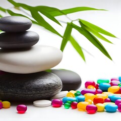 Zen stones and bamboo leaves surrounded by colorful medicine pill