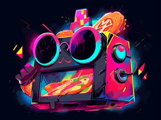 A character of a toaster wearing dark sunglasses