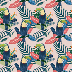 hand drawn toucan bird and tropical leaves pattern