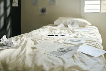 Front view of double bed with group of drawings of phobias of mentally sick person on paper sheets...