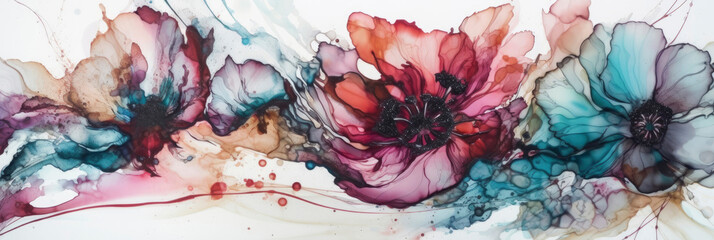 Colorful botanical banner, delicate abstract blooming flower as floral background in watercolor technique. Pastel botanical background in liquid art or alcohol ink technique. Generative AI