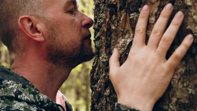 A man walks up to a huge tree, sniffs the bark and hugs the trunk. An adult man enjoys being alone with nature in the forest. The concept of nature conservation, forests, ecology. Human and nature.