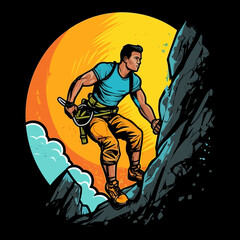 Man climbs up mountain, climber on rock wall at sunset. Cartoon vector illustration. isolated background