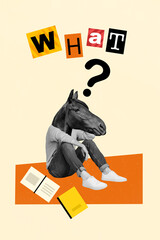 Artwork collage picture of stressed puzzled horse head guy tired reading book isolated drawing...