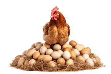 Fotobehang Hen Sitting on a Large Pile of Eggs on Transparent Background Illustration. AI © Usmanify