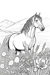 cheval, coloriage, illustration, midjourney, ia g&eacute;n&eacute;rative, g&eacute;n&eacute;rative, ia