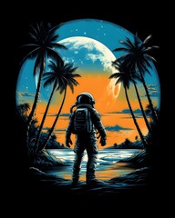 T shirt designs an Astronaut on a beach with palm tree, Astronaut background ai generative