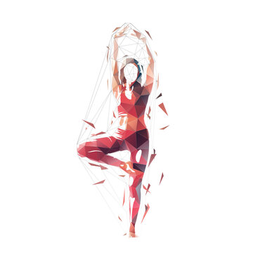 Young woman practicing yoga, isolated vector silhouette, low polygonal illustration, geometric drawing