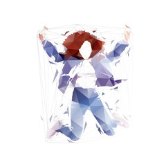 Happy woman jumping, isolated low poly vector illustration, geometric drawing from triangles, front view