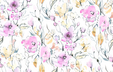 Hand painted watercolor al lover seamless loosely painted flowers and branches with black outlines pattern in repeat