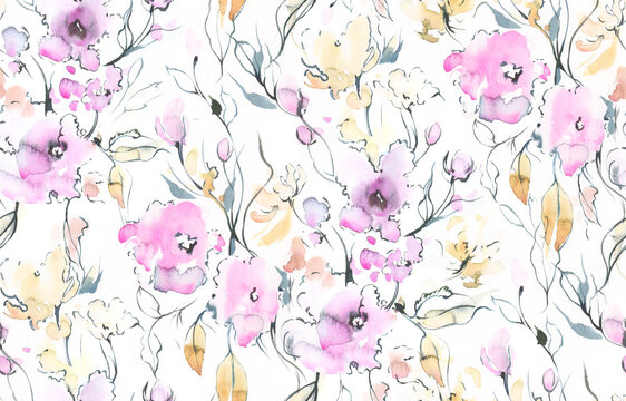 Hand painted watercolor al lover seamless loosely painted flowers and branches with black outlines pattern in repeat