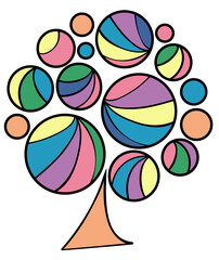 tree graphic circular shape arranged in many circles It is a beautiful tree canopy, rainbow colors, pastel, transparent background.