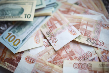 A Russian banknote value of 5000 rubles. The concept of finance, investment, savings and cash. Money background. Currency exhange. Economic crisis. Rouble dollar cash.