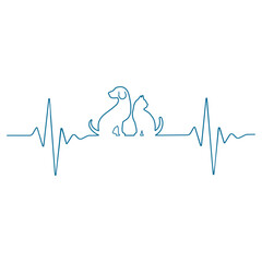 Line illustration of the pulse with dog and cat on white background