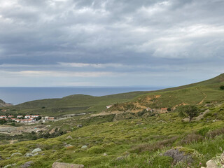 Samothrace Island and Kalekoy view from Eski Bademli-Gliki village in Gokceada on a rainy day. Canakkale, Turkey.  Imbros island panoramic seascape