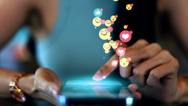 women receive likes social media network application. Animation like icons emotion Social, love, success, wow, laugh, delighted, pleased, happy, influencer concept animation.4K MOV. PRORES HQ.