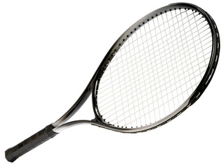 Black Tennis racket sports equipment isolated on white PNG File.