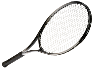 Black Tennis racket sports equipment isolated on white PNG File.