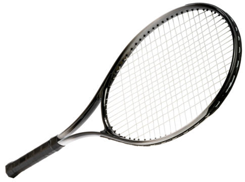 Black Tennis racket sports equipment isolated on white PNG File.