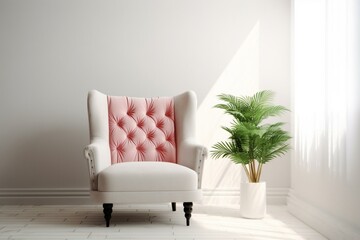 Mockup of a living room interior with white armchair, pink pillow, and green fern plant on a white wall background. Generative AI