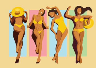 vector image four different beautiful young slim tanned girl models in yellow swimsuits are sunbathing on the beach on colorful mats or towels. elements isolated. view from above. summer holidays.