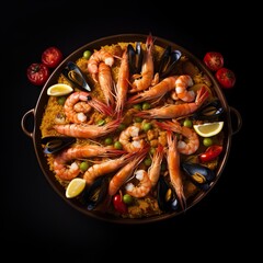 Top view of spanish paella on black background. Generative AI.