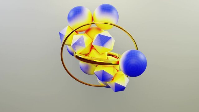 Abstract composition of chaotic movement of gold rings and geometric shapes, animated background, creative footage